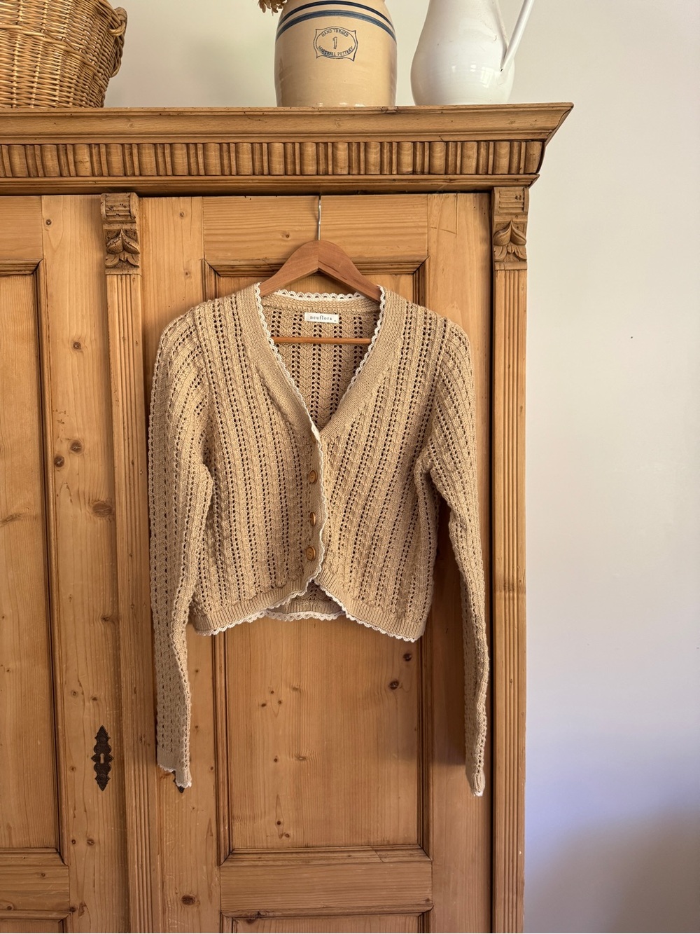 Light Beige Open-Knit Cropped Cardigan Sweater